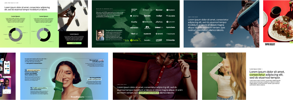 Examples of agency pitch deck design styles, layouts, charts and brand presentations